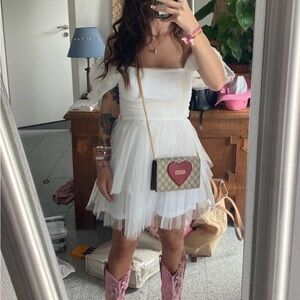 Lace & Beads Tulle White puff or Off-Shoulder short Prom bride Dress XS